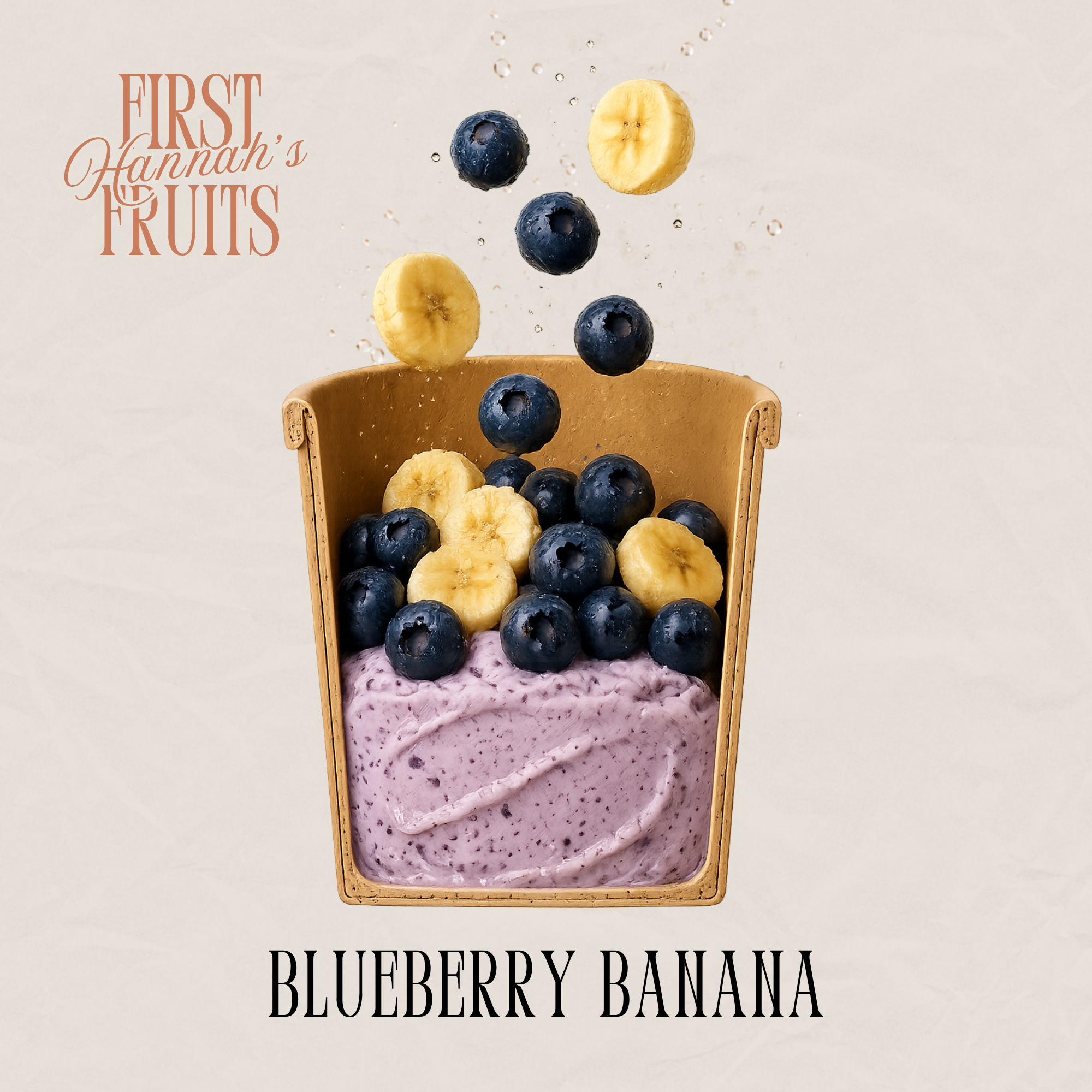 Blueberry Banana ice cream in a kraft tub, topped with fresh blueberries and banana