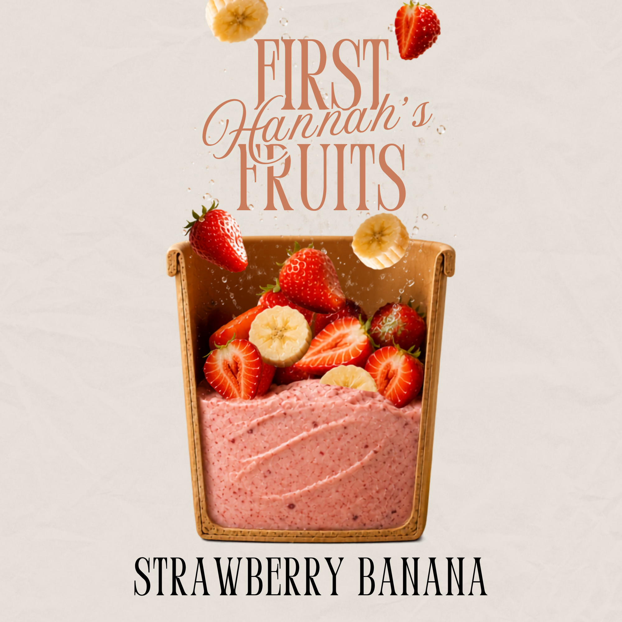 Strawberry Banana ice cream in a kraft tub, topped with fresh strawberries and banana